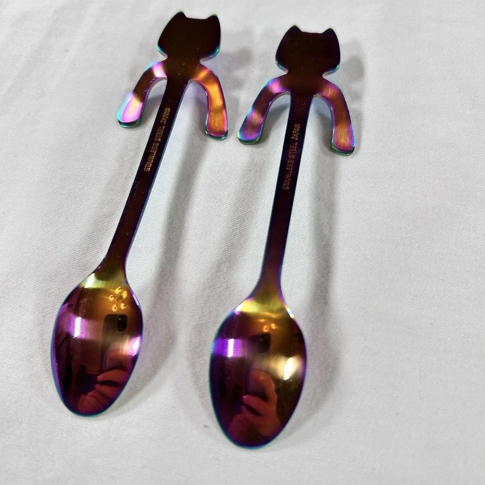 Stainless Steel Coffee Spoon Purple Blue Lovely Cute Cat Shape Teaspoon Dessert